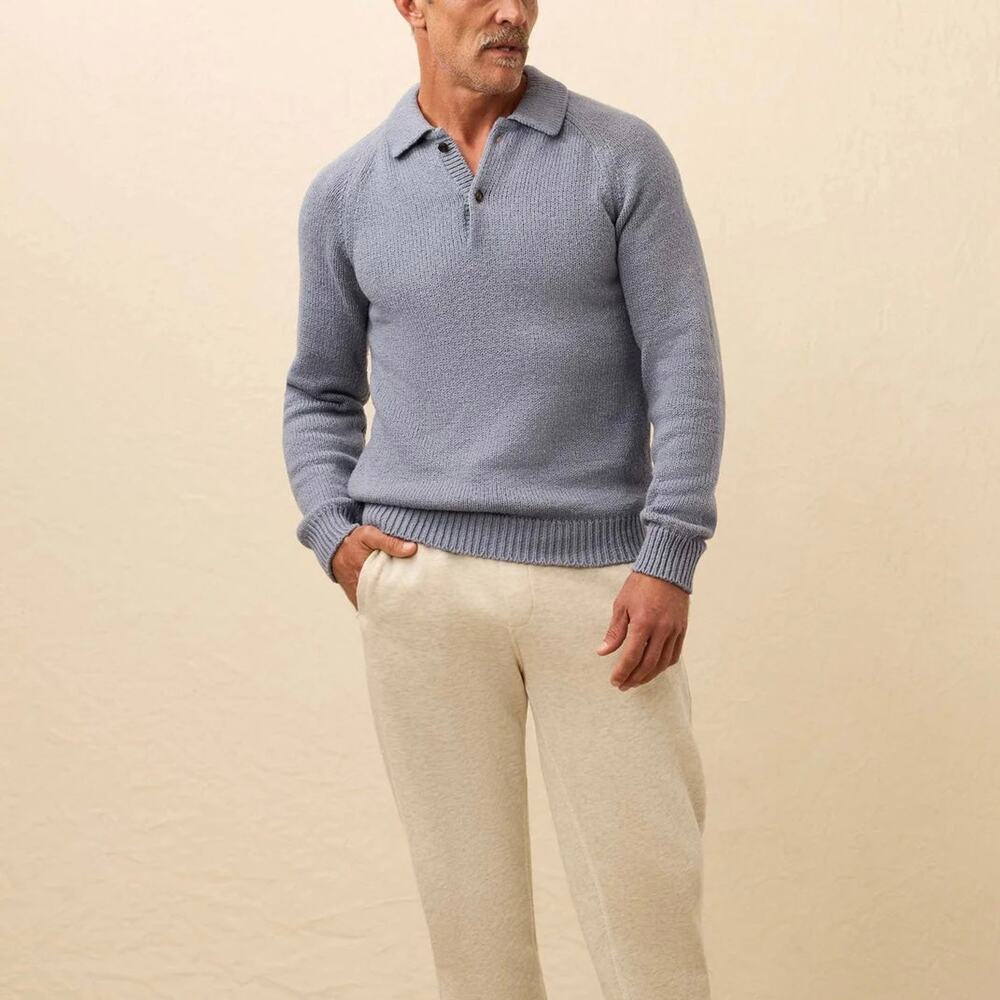 Faherty Heirloom Organic Cotton Flint Blue Knit Sweater Polo Large NEW Collar LS